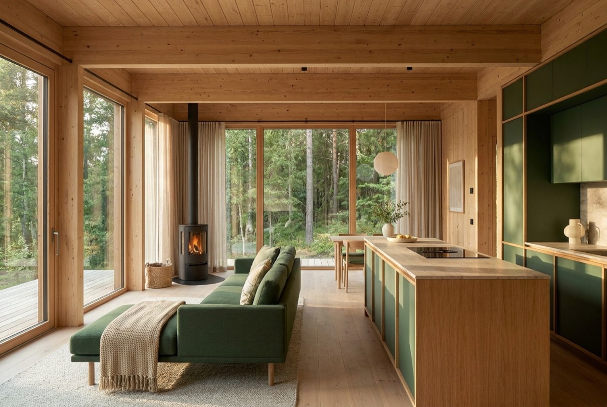 Interior luminoso de mobilhome em madeira com design escandinavo