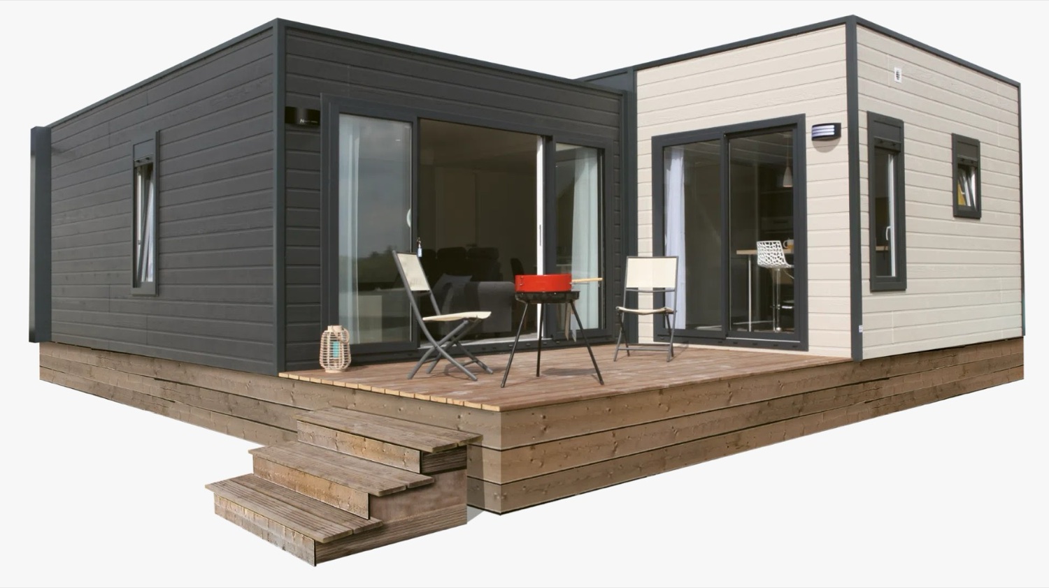 Casa modular nova de dois módulos, com deck em madeira